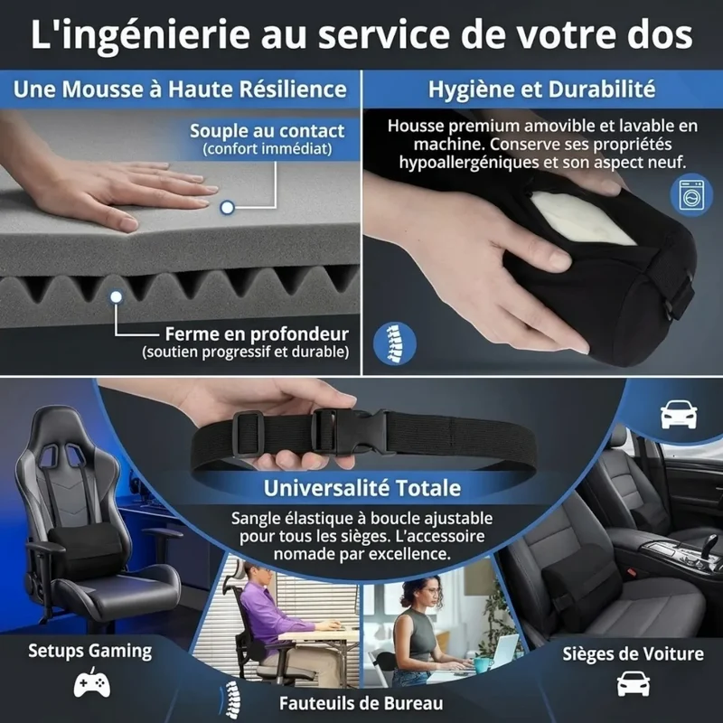 Coussin Lombaire Ergonomique Spinal Axis : Mousse à Mémoire de Forme Haute Densité - Soulagement & Posture