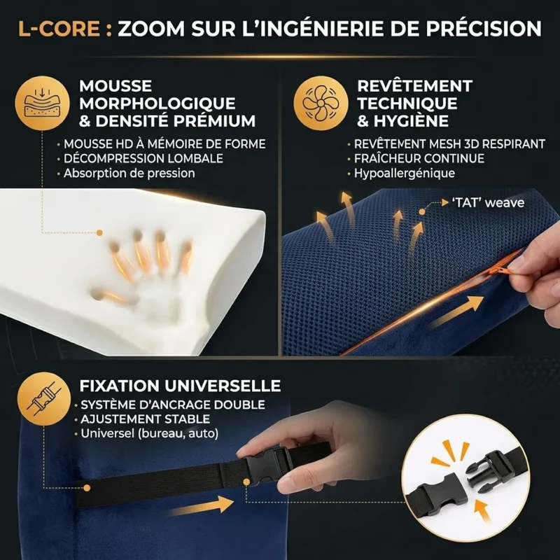 Coussin Lombaire Ergonomique L-Core : Mousse à Mémoire de Forme HD – Soulagement & Posture