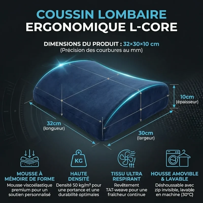 Coussin Lombaire Ergonomique L-Core : Mousse à Mémoire de Forme HD – Soulagement & Posture
