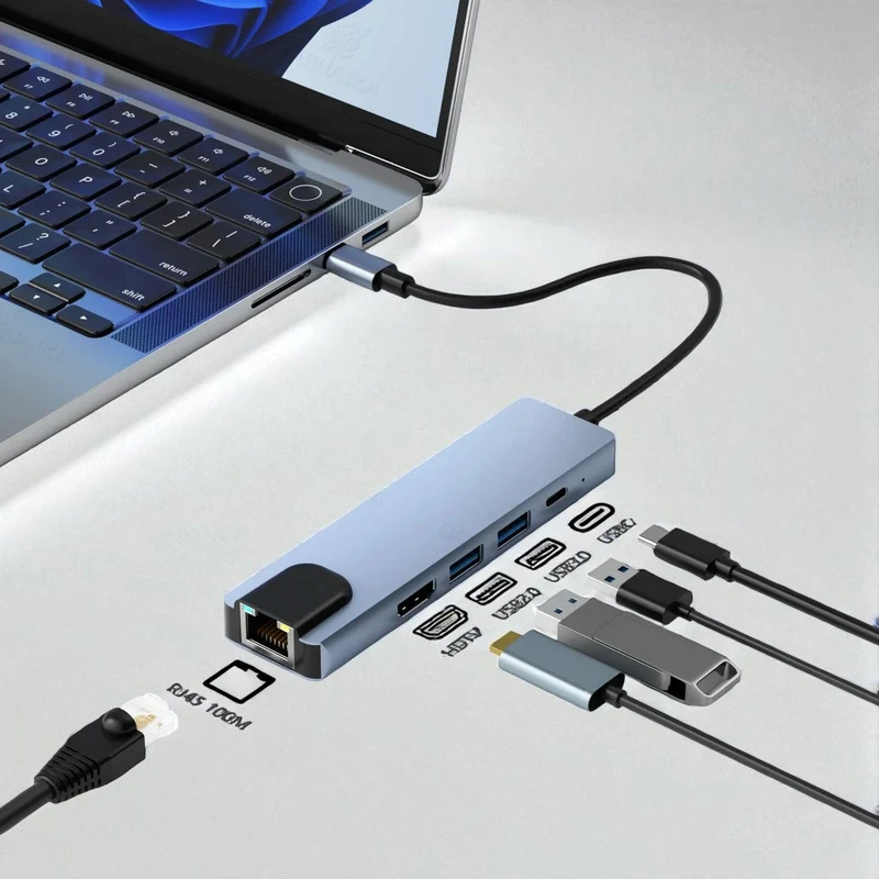 Hub USB-C 8-en-1 Compact en Aluminium Gris Sidéral | HDMI 4K, Ethernet, PD 87W