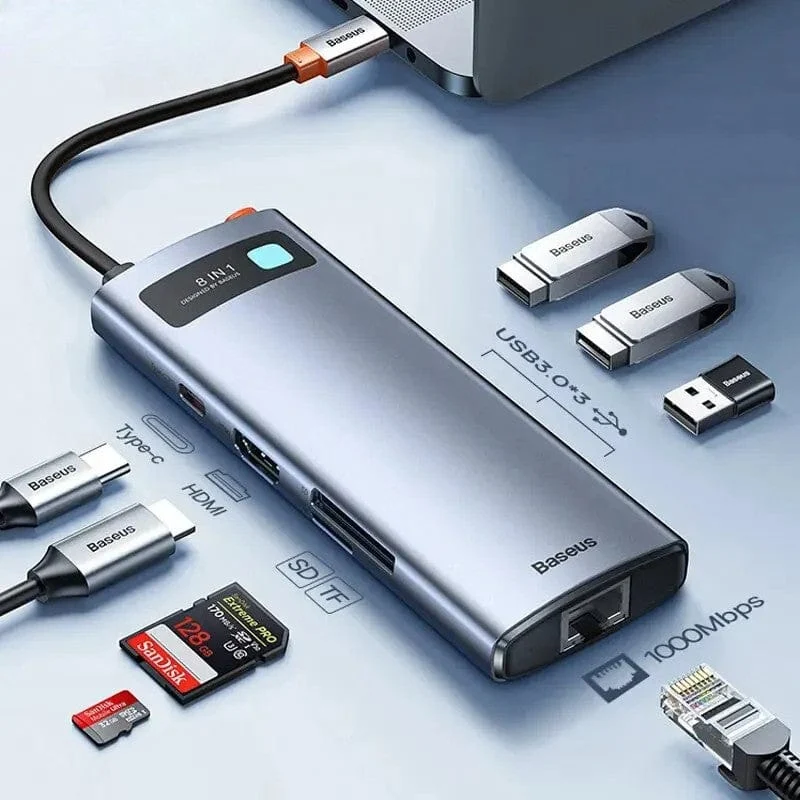 Hub USB-C 8-en-1 Aluminium Gris Sidéral avec Voyant LED - HDMI 4K, USB 3.0, Ethernet, SD/TF & PD 100W