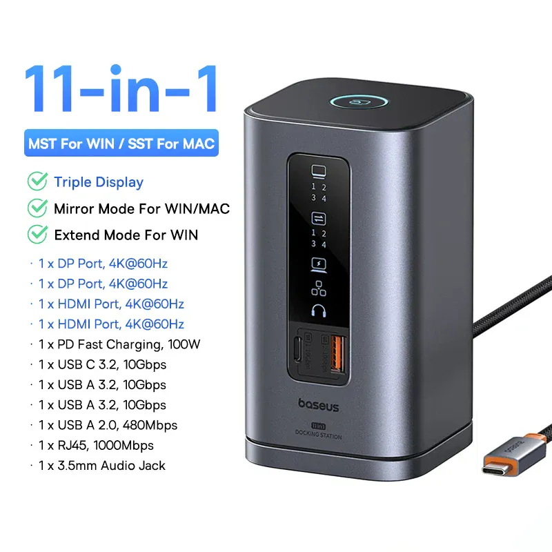 Hub USB-C 12-en-1 Aluminium – Dual 4K@60Hz, Charge 100W, Vitesse 10Gbps, Design Vertical Premium