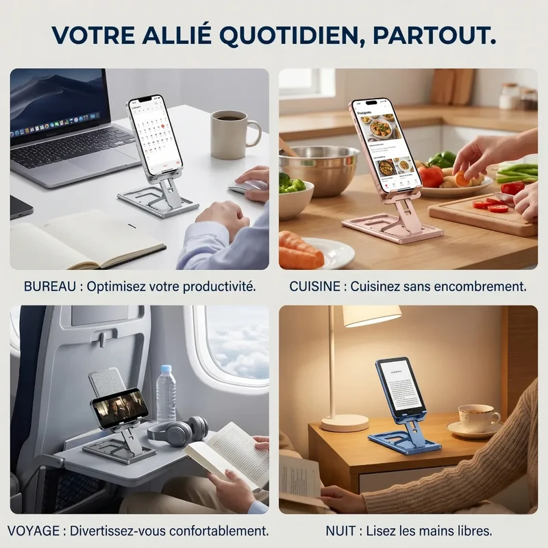 Support pour téléphone AeroRise Pro en Aluminium - Pliable pour Bureau et Lit – Alignement Optique et Confort Postural