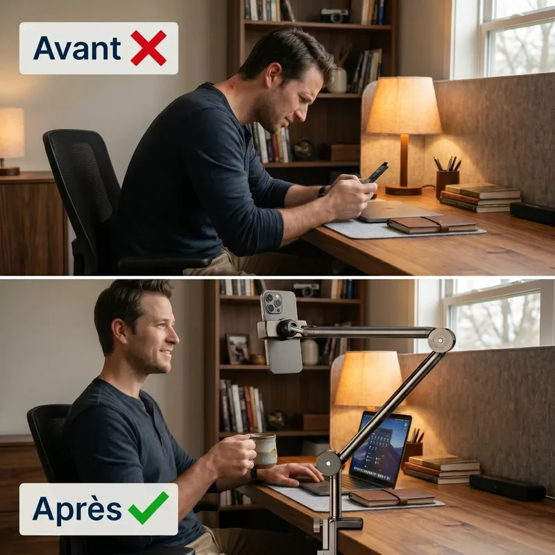 Support Téléphone ErgoPivot - Bras Télescopique Articulé - Fixation Sans Perçage