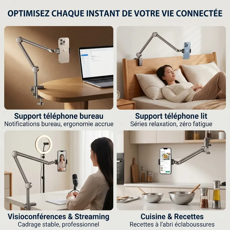 Support Téléphone ErgoPivot - Bras Télescopique Articulé - Fixation Sans Perçage
