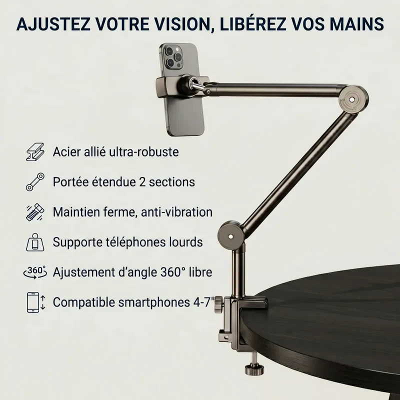 Support Téléphone ErgoPivot - Bras Télescopique Articulé - Fixation Sans Perçage