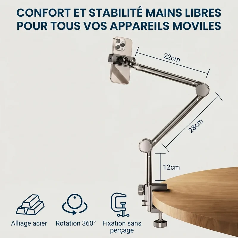 Support Téléphone ErgoPivot - Bras Télescopique Articulé - Fixation Sans Perçage