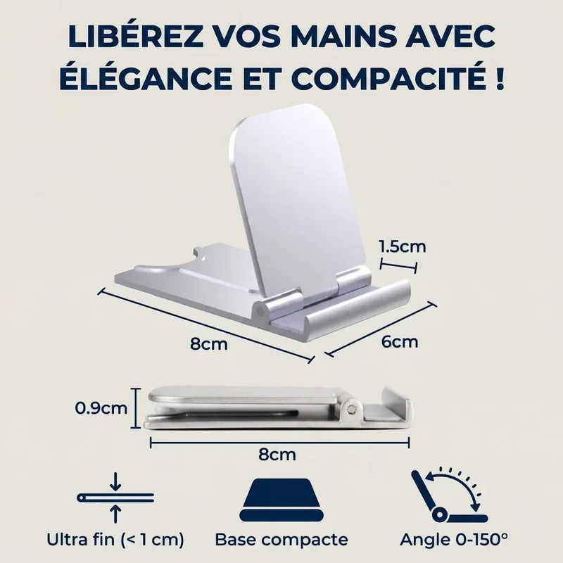 Support téléphone SlimErgo X en Aluminium Pliable pour Bureau et Lit : Posture Optimale et Notifications Instantanées