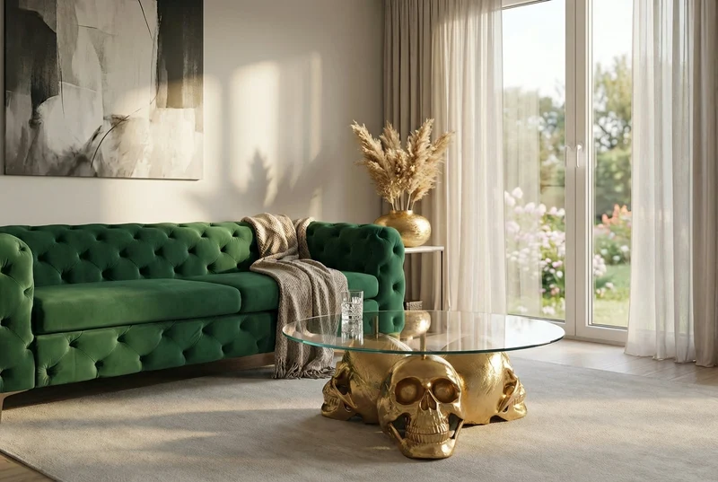 Table basse design SKULL XXL 90cm plateau en verre rond doré tête de mort en métal fait main