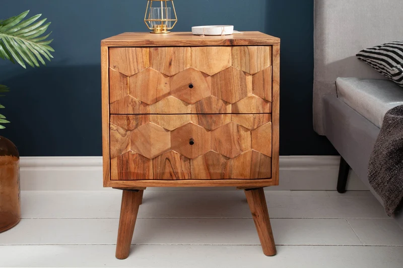 Table de chevet en bois massif MYSTIC LIVING 60cm acacia naturel design 3D avec rangements