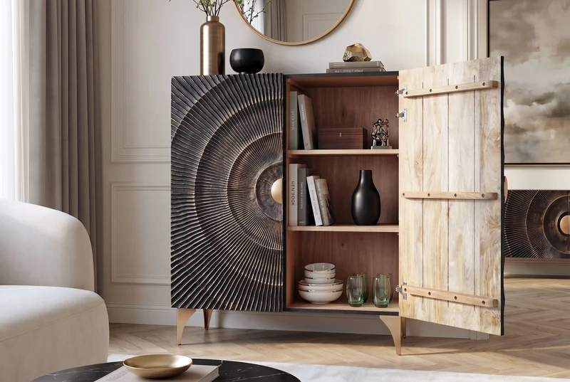 Buffet artisanal GOLDEN SUNSET 120cm avec sculptures 3D en bois de manguier or noir