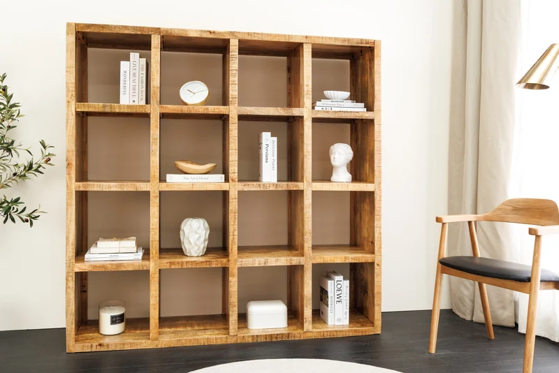 Massives Regal IRON CRAFT 160cm natur Mangoholz Bücherregal sechzehn Fächer