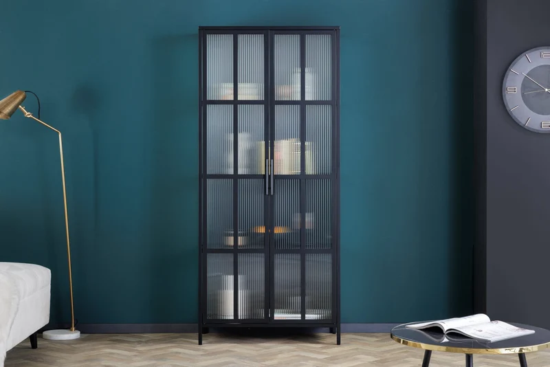 Vitrine industrielle DURA STEEL 180cm buffet en verre nervuré en métal noir