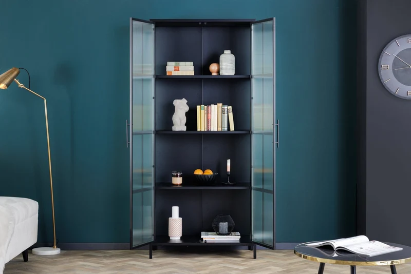 Vitrine industrielle DURA STEEL 180cm buffet en verre nervuré en métal noir