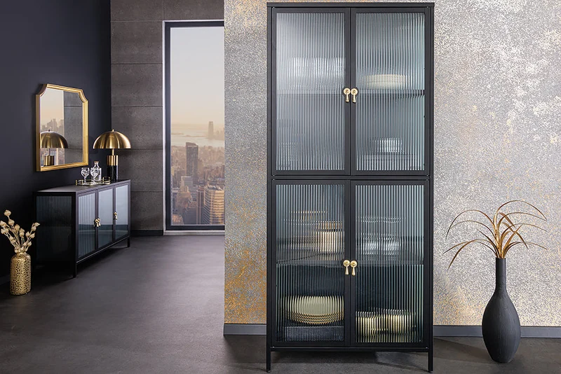 Vitrine moderne AMSTERDAM 180cm meuble haut en verre nervuré noir doré