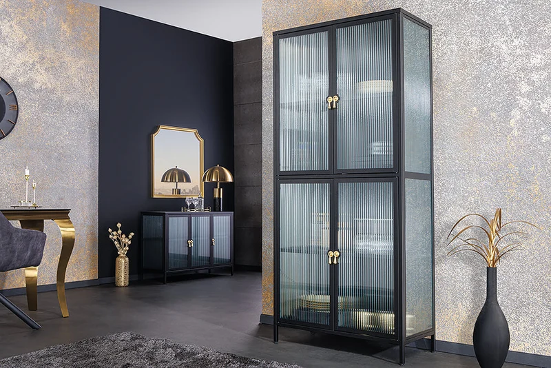 Vitrine moderne AMSTERDAM 180cm meuble haut en verre nervuré noir doré