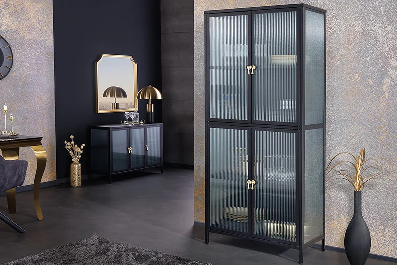 Vitrine moderne AMSTERDAM 180cm meuble haut en verre nervuré noir doré