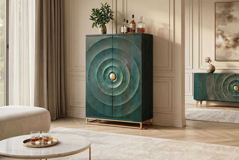 Meuble bar artisanal GOLDEN SUNSET 140cm bois de manguier massif turquoise