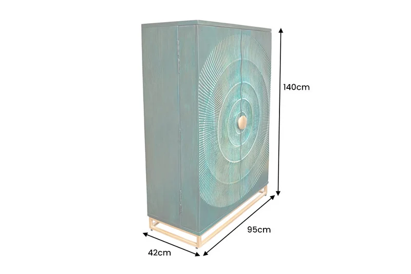 Meuble bar artisanal GOLDEN SUNSET 140cm bois de manguier massif turquoise