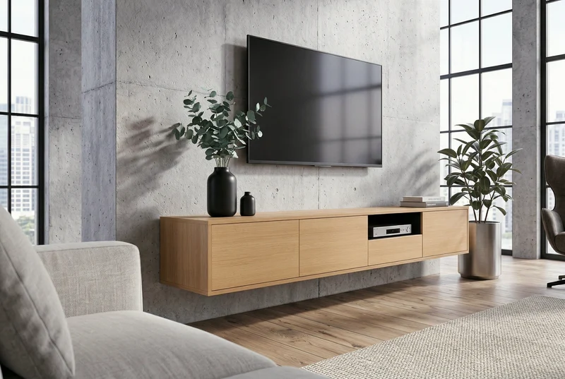 Tableau TV-Board LOFT 200cm naturel noir sept compartiments avec tiroir
