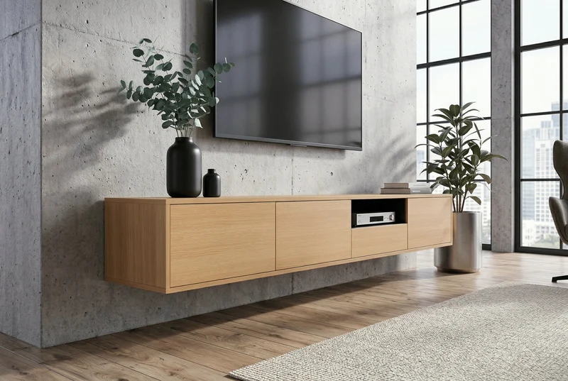 Tableau TV-Board LOFT 200cm naturel noir sept compartiments avec tiroir