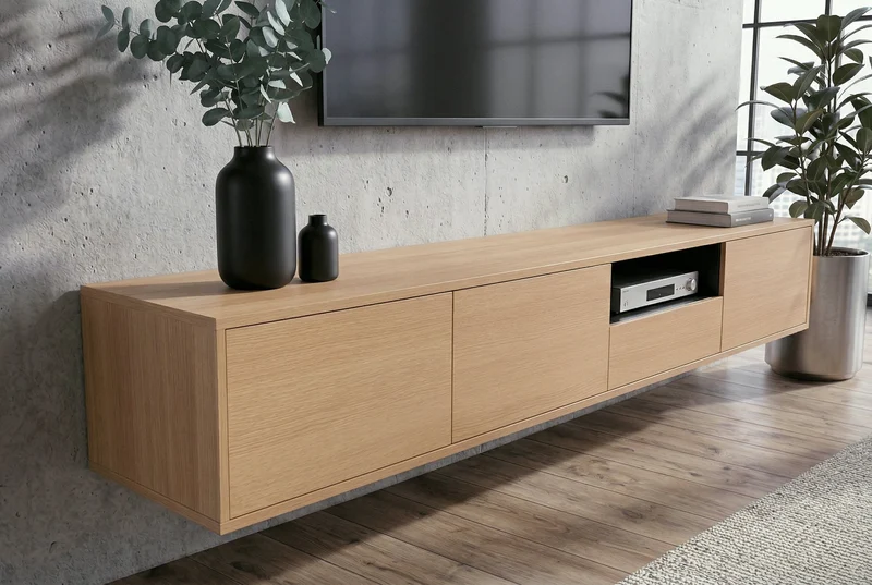 Tableau TV-Board LOFT 200cm naturel noir sept compartiments avec tiroir
