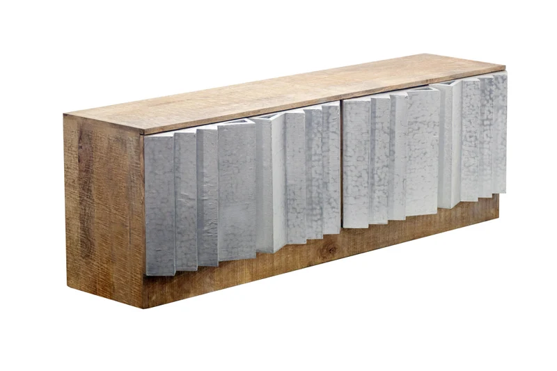 Meuble TV massif ZALVERO 150cm en bois de manguier argent naturel avec façade métal-aluminium