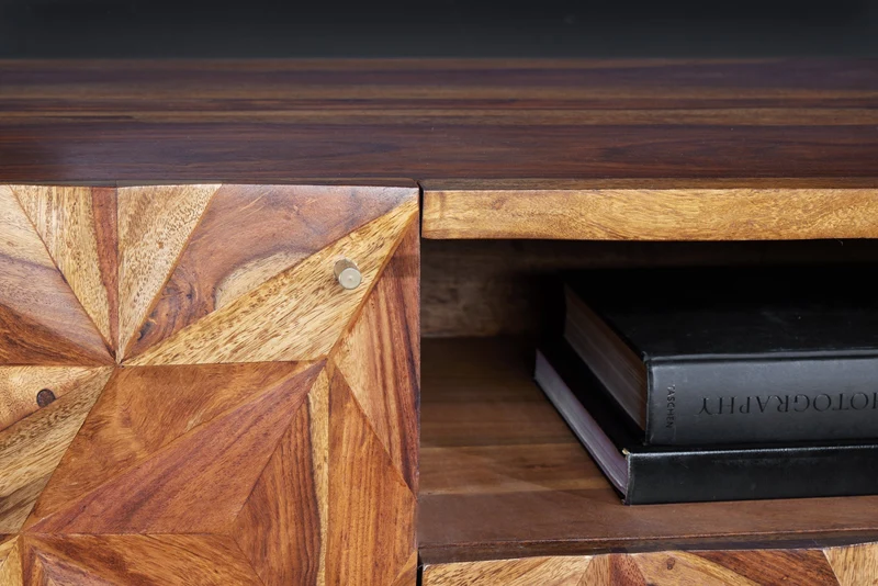 Meuble TV massif ALPINE 160cm marron finition pierre Sheesham métal doré mat