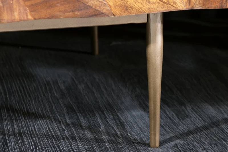 Meuble TV massif ALPINE 160cm marron finition pierre Sheesham métal doré mat
