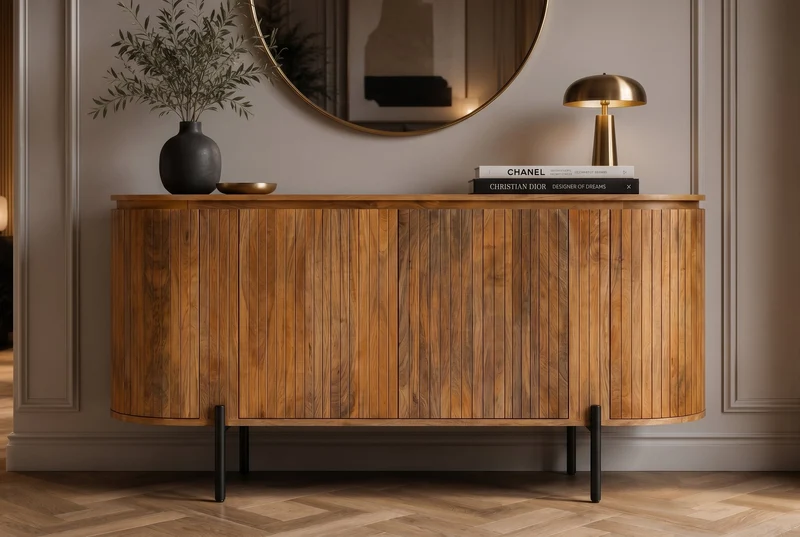 Buffet massif GATSBY 160cm bois de manguier naturel métal noir avec façade à lattes