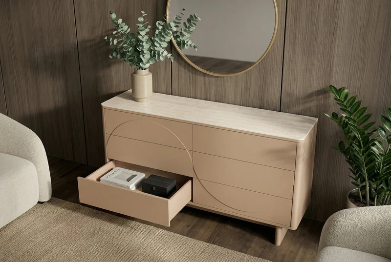Buffet design SAVOY 150cm gris beige grège en céramique travertin avec six tiroirs