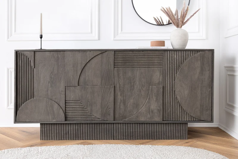 Buffet massif ART DECO 170cm bois de manguier gris façade 3D