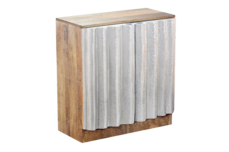 Buffet compact ZALVERO 80cm en bois de manguier argent naturel avec façade en métal-aluminium