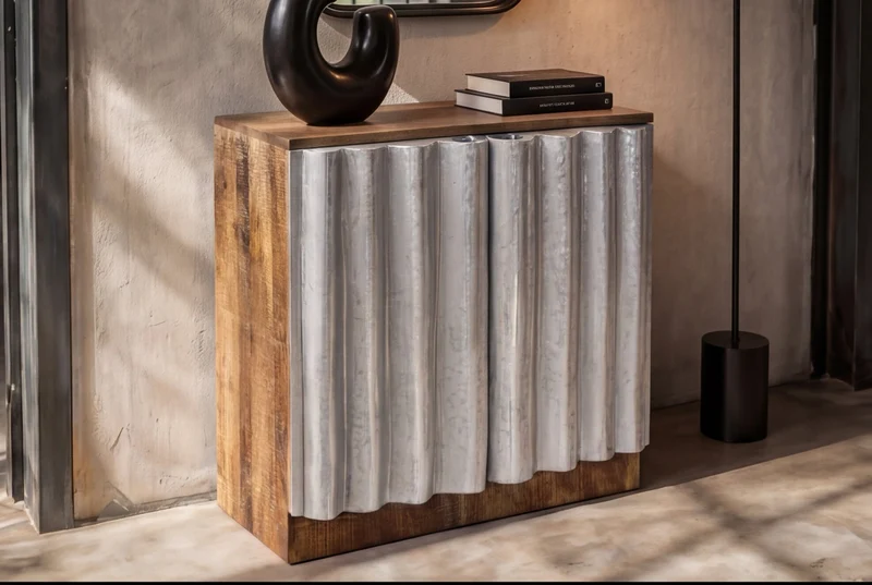 Buffet compact ZALVERO 80cm en bois de manguier argent naturel avec façade en métal-aluminium