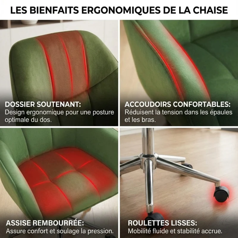 Chaise de Bureau Velours Pivotante - Confortable et Réglable