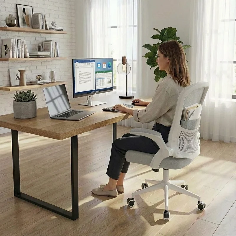 Chaise Ergonomique de Bureau avec Accoudoirs Rabattables et Rangement Intégré