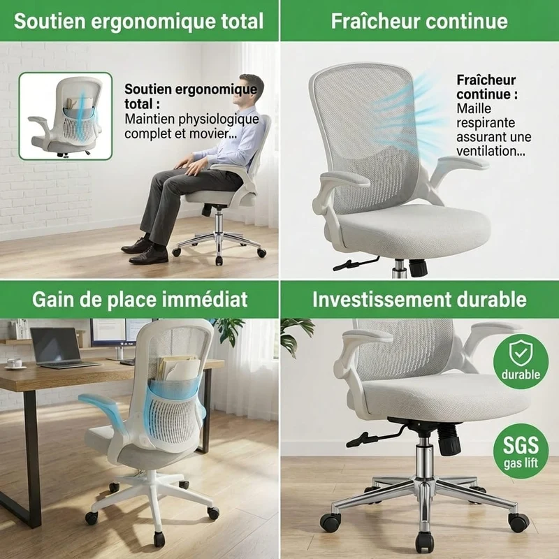 Chaise Ergonomique de Bureau avec Accoudoirs Rabattables et Rangement Intégré
