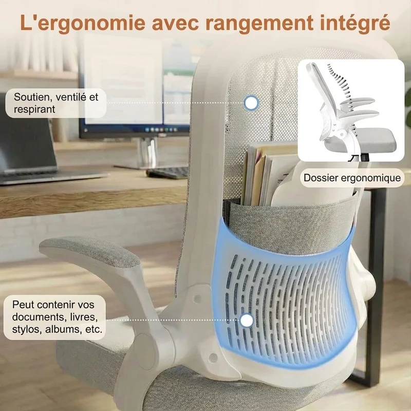 Chaise Ergonomique de Bureau avec Accoudoirs Rabattables et Rangement Intégré