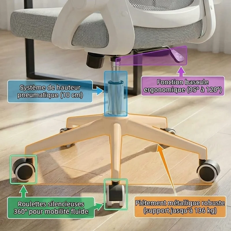 Chaise Ergonomique de Bureau avec Accoudoirs Rabattables et Rangement Intégré