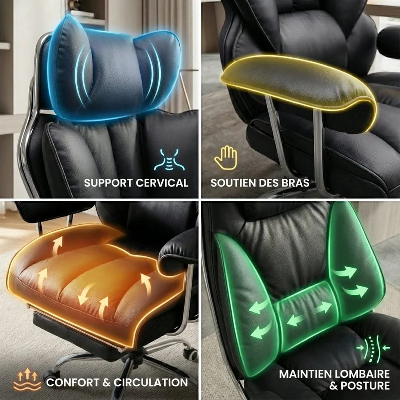 Fauteuil de Bureau Ergonomique avec Repose-Pieds Intégré et Support Lombaire 4D