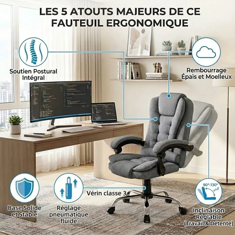 Fauteuil de Bureau Exécutif Ergonomique – Confort Absolu & Inclinaison 130° pour un Télétravail sans Douleur