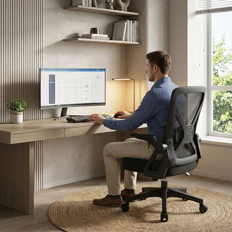 Chaise Ergonomique de Bureau avec Support Lombaire Ajustable et Accoudoirs Relevables