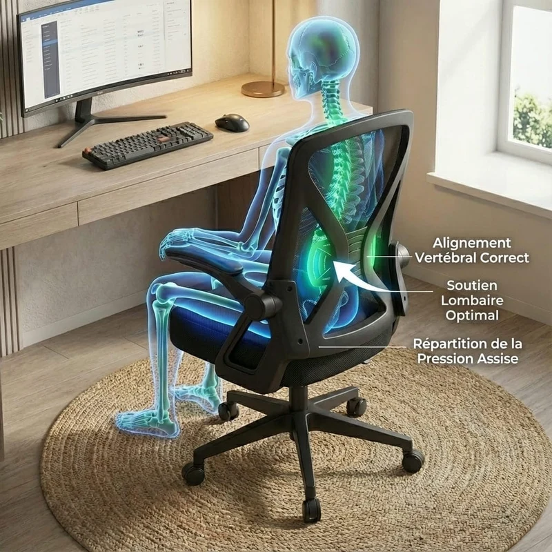 Chaise Ergonomique de Bureau avec Support Lombaire Ajustable et Accoudoirs Relevables