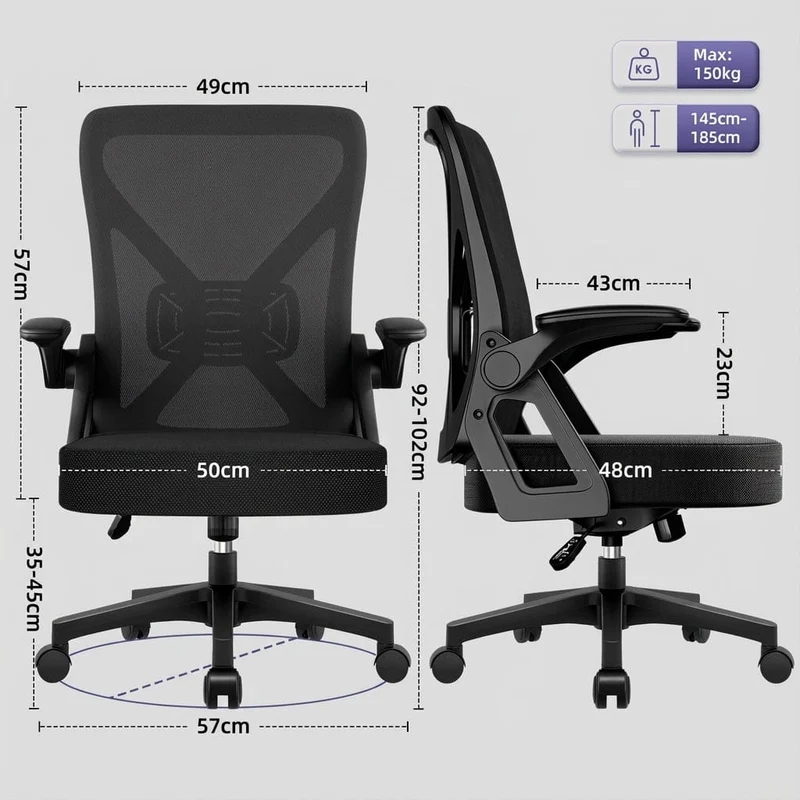 Chaise Ergonomique de Bureau avec Support Lombaire Ajustable et Accoudoirs Relevables