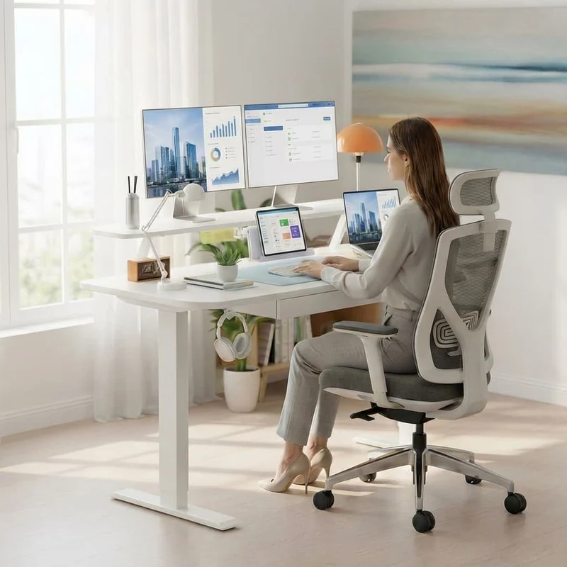 Bureau Assis-Debout Électrique avec Support Moniteur et Rangements Intégrés