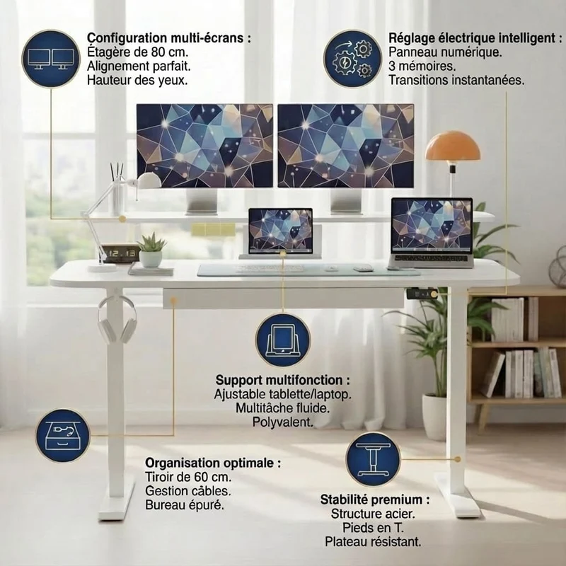 Bureau Assis-Debout Électrique avec Support Moniteur et Rangements Intégrés