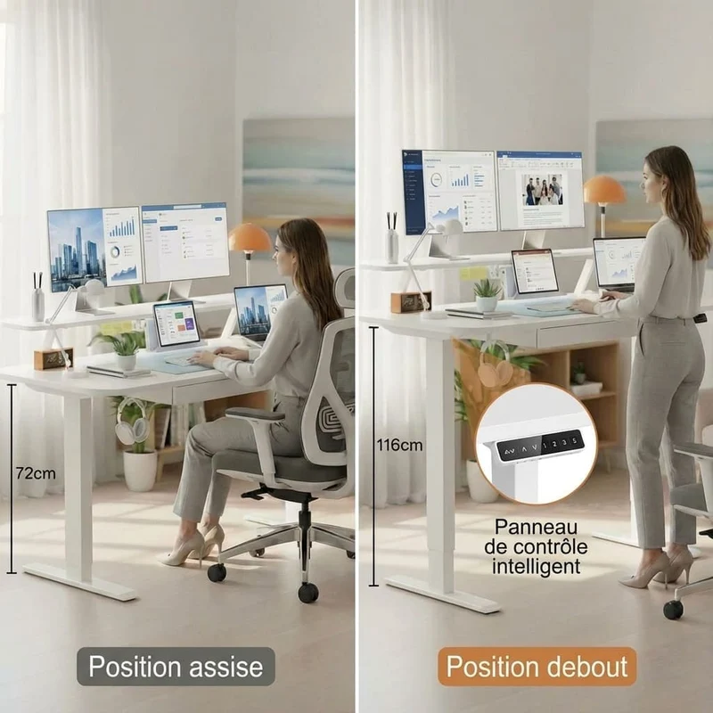 Bureau Assis-Debout Électrique avec Support Moniteur et Rangements Intégrés