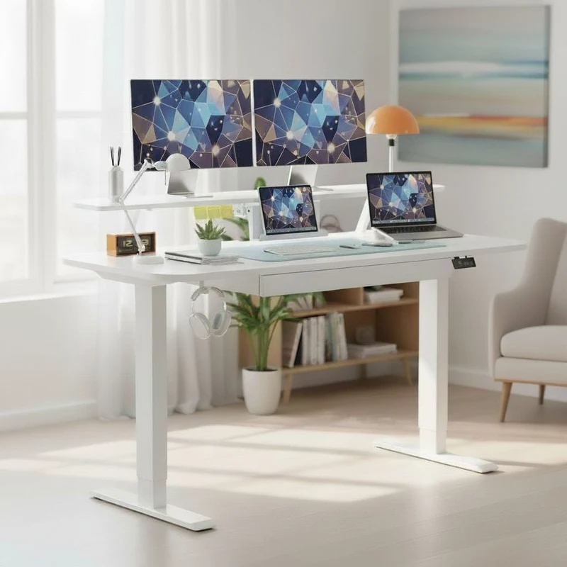 Bureau Assis-Debout Électrique avec Support Moniteur et Rangements Intégrés