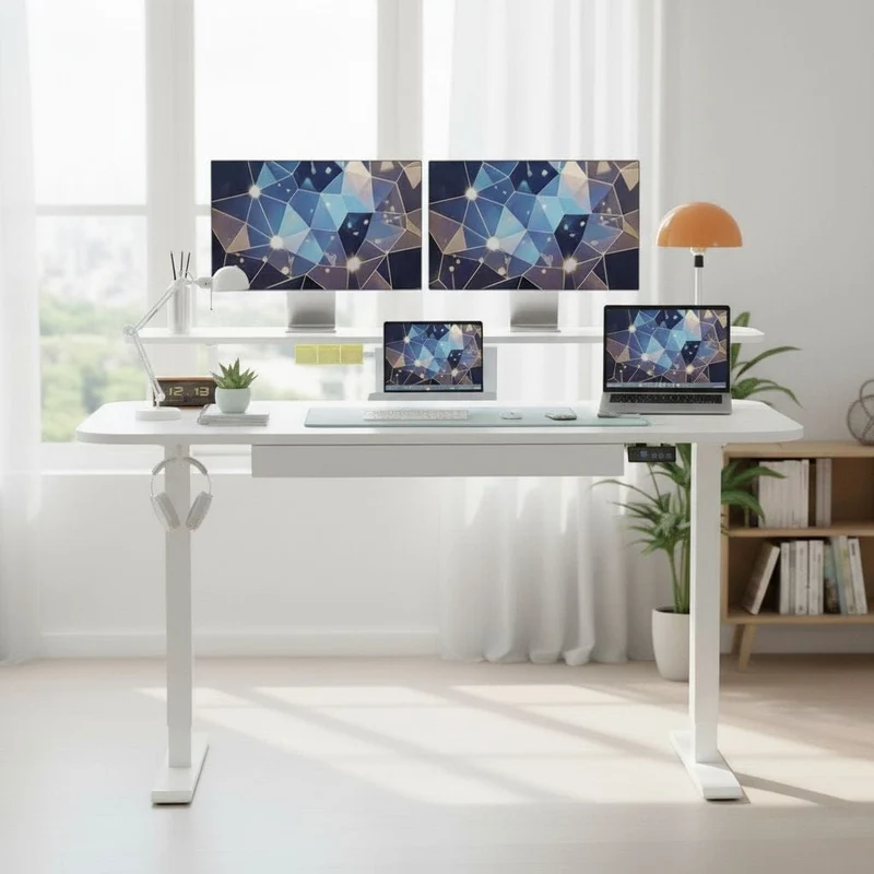 Bureau Assis-Debout Électrique avec Support Moniteur et Rangements Intégrés