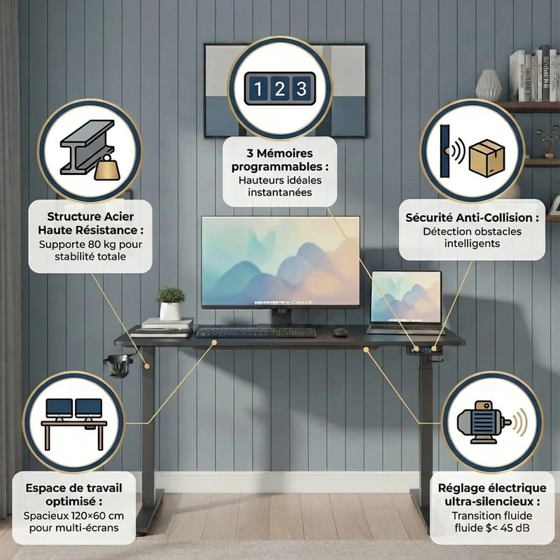 Bureau Assis Debout Électrique 120×60 cm - Réglage de Hauteur Intelligent avec Mémoire de Positions